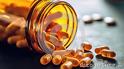 medical pills pouring out of a bottle. medical soft drugs. medicine, drugs for treatment. Stock Photo