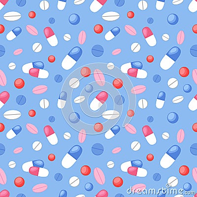 Medical pills seamless pattern. Pharmacy blue endless background. Colorful pills, tablets and capsules. Vector flat illustration Vector Illustration