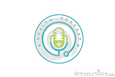 Medical podcast logo design. Stethoscope and microphone illustration symbol Vector Illustration