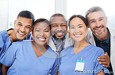 Medical, portrait of doctors and happy together at hospital or clinic with smile. Diversity, medical team for healthcare Stock Photo