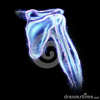 Medical poster, human body anatomy, shoulder joint x-ray, bones hologram. Surgery, modern medicine, technology. Copy space, 3D Cartoon Illustration