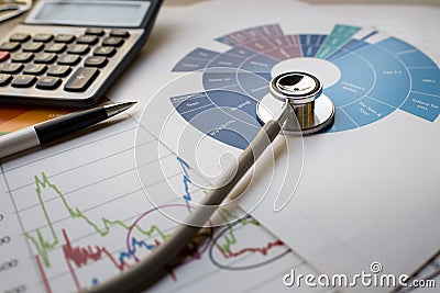 Medical practice financial analysis charts with stethoscope and Stock Photo