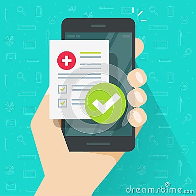 Medical prescription online or digital medicine test results with approved check mark form on person hand mobile phone Vector Illustration