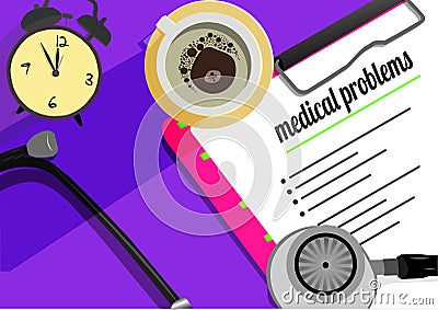 Medical Problems text on paper clip board, cup of coffee and stethoscope. Stock Photo