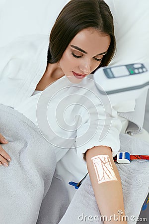 Medical Procedure. Woman Scanning Veins With Vein Finder Stock Photo