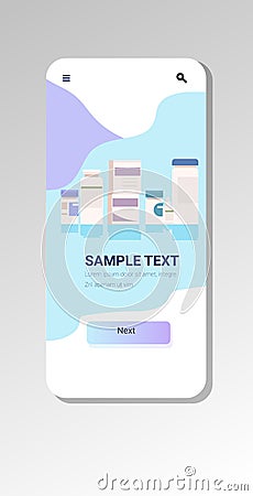 medical product bottles and boxes pharmaceutical packages medicine pharmacy concept smartphone screen mobile app Vector Illustration