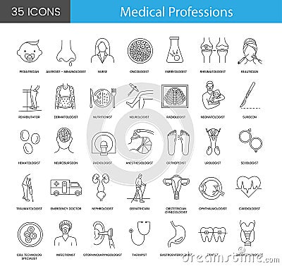 Medical Professions set of line icons in vector includes nephrologist and neonatologist, neurosurgeon and neurologist Vector Illustration