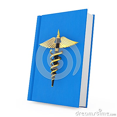 Medical Publication Concept. Golden Fountain Writing Pen as Gold Medical Caduceus Symbol over Blue Medical Book. 3d Rendering Stock Photo