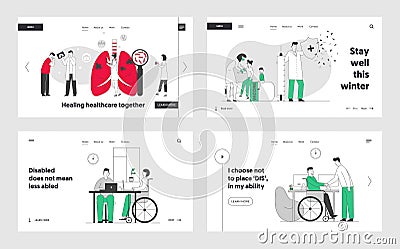 Medical Pulmonological Care, Vaccination, Disabled Employment Website Landing Page Set. Tuberculosis Treatment Vector Illustration
