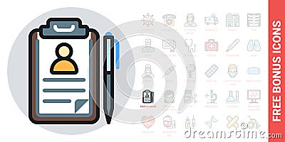 Medical record, disease history or patient card icon. Simple color version. Free bonus icons kit included Vector Illustration