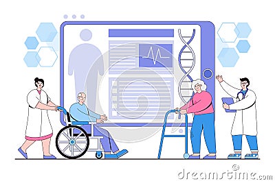 Medical records and health concept. Professional medical team examining senior patients using medical apps on a digital tablet. Vector Illustration