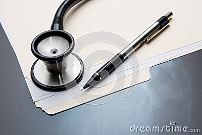 Medical Records with X Ray and Stethoscope Stock Photo