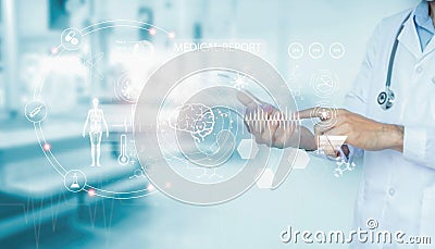 Medical report analysis on remote patient monitoring, network connectivity on virtual screens, medical technologies Stock Photo