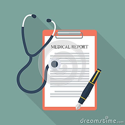 Medical report with stethoscope and pen Vector Illustration