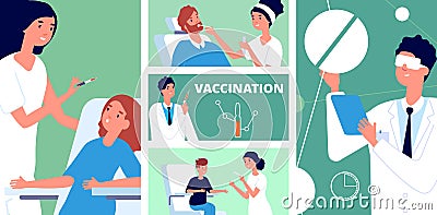 Medical research. Finding vaccine, antivirus vaccinating people. Vaccination with new medications, doctors nurse Vector Illustration