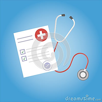 Medical research report or contract vector, flat health or medical record paper or insurance document on work desk top Vector Illustration