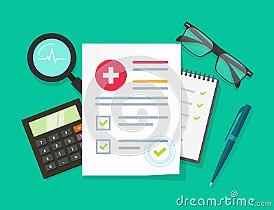 Medical research report vector illustration, flat cartoon health or medical record paper document with patient data and Vector Illustration