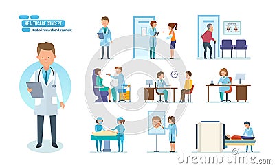 Medical research and treatment. Reception by doctors, patient visits. Vector Illustration