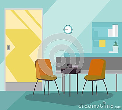 Medical rest room interior, business office apartment for waiting inside. Desk and chairs in room workplace Stock Photo