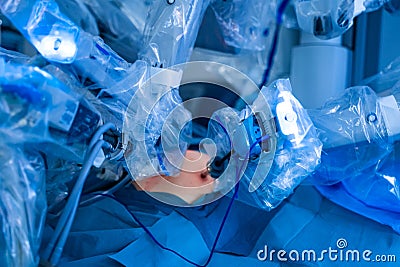 Medical robotic surgery machine DaVinci. Manual control by minimally invasive surgical system Stock Photo