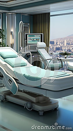 Medical room accommodates bed and table, designed for efficient patient comfort Stock Photo