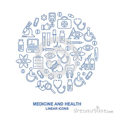 Medical round shape background with line style icons on white. Medicine and health design pattern with modern linear symbols. Vector Illustration