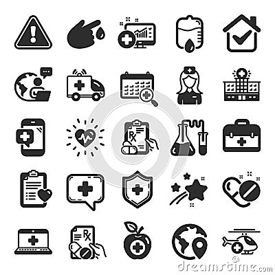Medical icons. Set of Hospital assistance, Health food diet and Laboratory tubes. Vector Vector Illustration