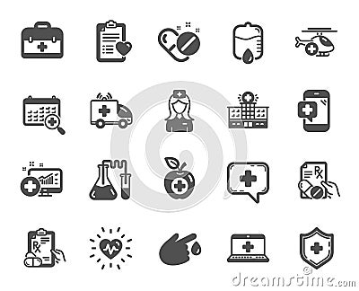 Medical icons. Set of Hospital assistance, Health food diet and Laboratory tubes. Vector Vector Illustration