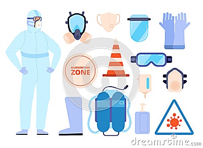 Medical safety equipment. Man in protect clothes, personal protective elements icons. Person wear boots face mask utter Stock Photo