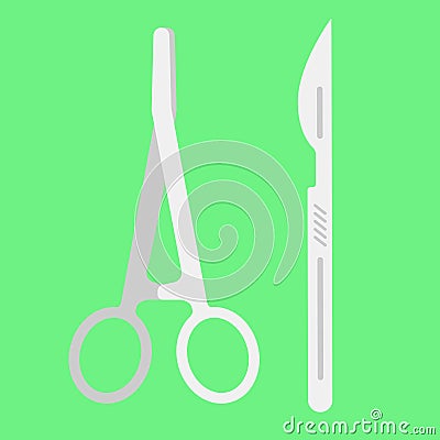 Medical scalpel and clamp for web, mobile and infographics. Vector illustration. Vector Illustration