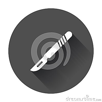 Medical scalpel vector icon. Hospital surgery knife sign illustration on black round background with long shadow. Vector Illustration