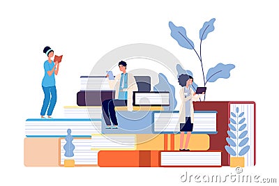 Medical school students. Doctors studying, hospital staff reading books. Refresher courses for nurse, healthcare Vector Illustration