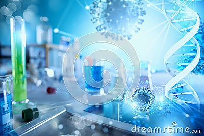 Medical science laboratory. Concept of virus and bacteria research using technology, tablet and software Stock Photo