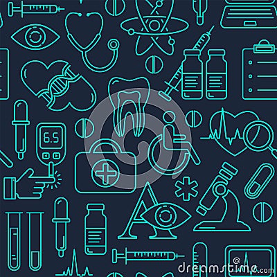 Medical seamless background with line style icons on black. Medicine and health design pattern with modern linear symbols. Vector Illustration