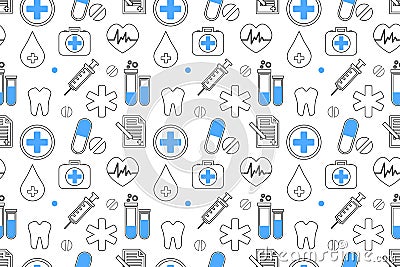 Medical seamless pattern , clinic vector illustration. Hospital thin line icons - thermometer, check up, diagnostic Vector Illustration