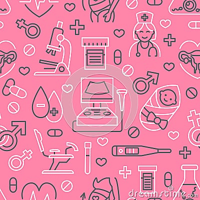 Medical seamless pattern, gynecology vector background pink color. Obstetrics, pregnancy line icons - baby ultrasound Vector Illustration