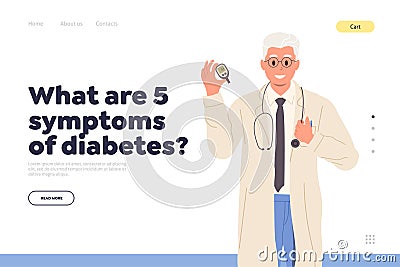 Medical service landing page template doctor character showing glucometer with sugar glucose test Vector Illustration
