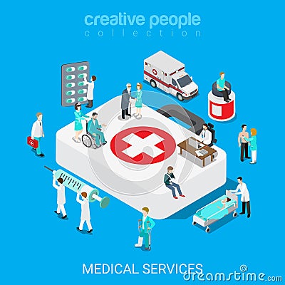 Medical services doctor nurse first aid flat 3d isometric vector Vector Illustration