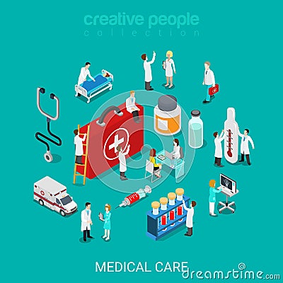 Medical services doctor nurse first aid kit flat 3d isometric Vector Illustration