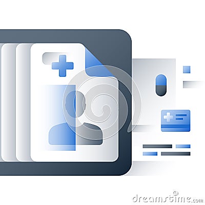 Health care insurance policy, medical services, sick leave certificate, annual check up program, ambulatory patient history record Vector Illustration