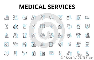 Medical services linear icons set. Diagnosis, Treatment, Healthcare, Rehabilitation, Preventive, Clinical, Therapy Vector Illustration