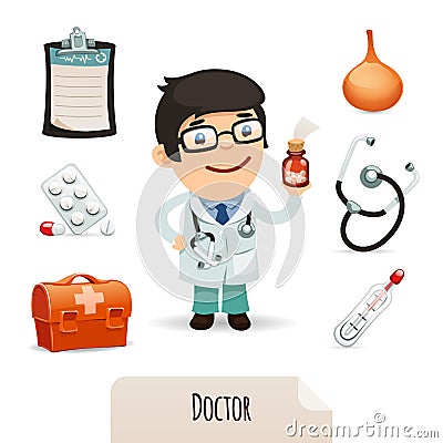 Medical set with a male doctor Vector Illustration