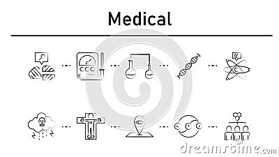 Medical simple concept icons set. Contains such icons as neural, radionics, testing tube, mutation, cold fusion Stock Photo