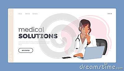 Medical Solutions Landing Page Template. Young Female Doctor Character Sitting At Desk, Typing On Laptop, Illustration Vector Illustration