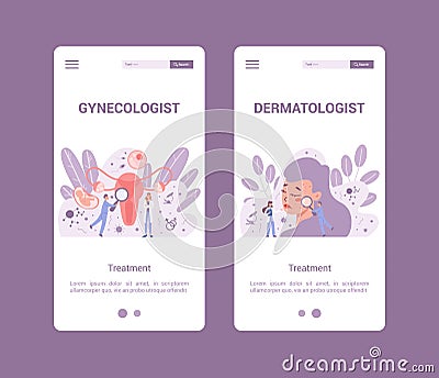 Medical specialties mobile application banner set. Gynecologist Vector Illustration