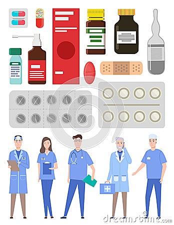 Medical staff, doctors, medics, physician, therapist, healthcare web icons, treatment collection Vector Illustration