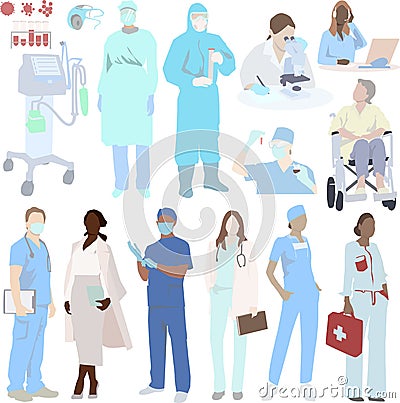 Medical staff - doctors, researchers, nurses and ventilators fight viruses. Set of drawings Vector Illustration