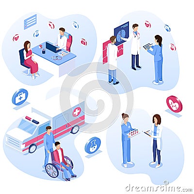 Medical staff set. Male and female doctors, nurses and patient concepts. Vector Illustration