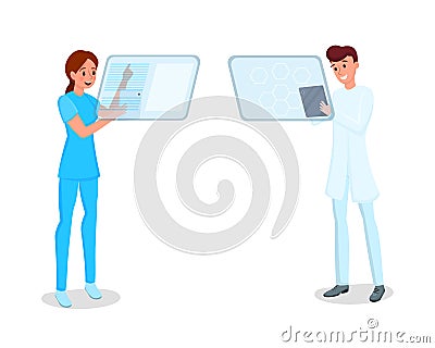 Medical staff with tablets vector illustration. Young nurse and physician with futuristic gadgets characters. Innovative Vector Illustration