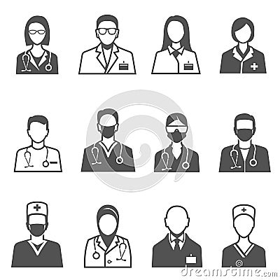 Medical staff in uniform with stethoscope icons set isolated on white. Doctor, physician. Vector Illustration